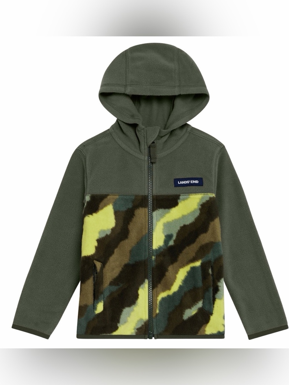 Lands' End Kids Olive Green Hooded Fleece Jacket with Camo Panel